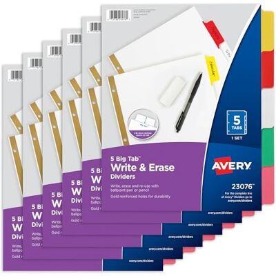 Avery Big Tab Skriv- och raderingsavdelare för 3 ringpärmar, 5-flikar, flerfärgade avdelarflikar, bra för att organisera projekt, rapporter, ekonomi och mer (6-pack med 23076) Avery Big Tab Skriv- och raderingsavdelare för 3 ringpärmar, 5-flikar, flerfärgade avdelarflikar, bra för att organisera projekt, rapporter, ekonomi och mer (6-pack med 23076)