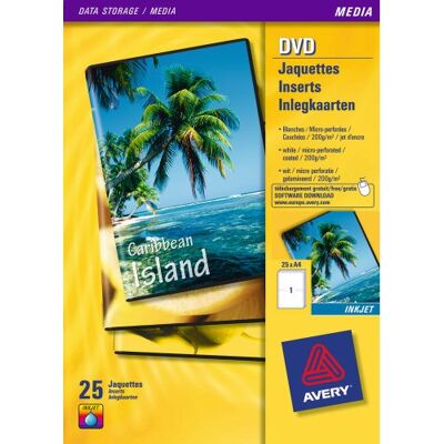 Avery J8437-25 DVD-fodralinsatser, 1 etikett per A4-ark, vit Avery J8437-25 DVD-fodralinsatser, 1 etikett per A4-ark, vit
