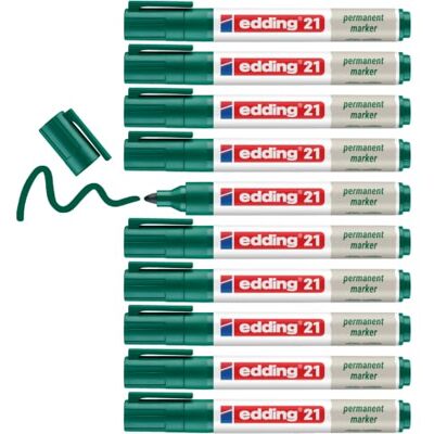 edding 21 Ecoline permanent marker – grön – låda med 10 – rund spets 1,5–3 mm – vattenfast, snabbtorkande, fläckfria pennor – för kartong, plast, glas, trä, metall och tyg – går att fylla på edding 21 Ecoline permanent marker – grön – låda med 10 – rund spets 1,5–3 mm – vattenfast, snabbtorkande, fläckfria pennor – för kartong, plast, glas, trä, metall och tyg – går att fylla på