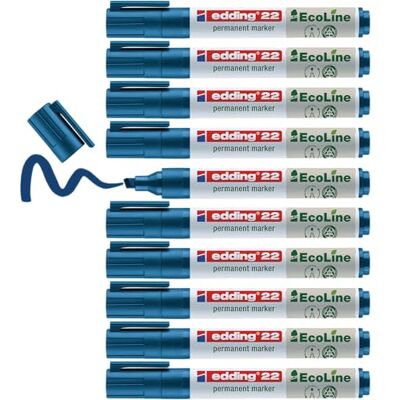edding 22 Ecoline permanent marker – blå – låda med 10 – snedskuren spets 1-5 mm – vattenfast, snabbtorkande, fläckfria pennor – för kartong, plast, glas, trä, metall och tyg – går att fylla på edding 22 Ecoline permanent marker – blå – låda med 10 – snedskuren spets 1-5 mm – vattenfast, snabbtorkande, fläckfria pennor – för kartong, plast, glas, trä, metall och tyg – går att fylla på