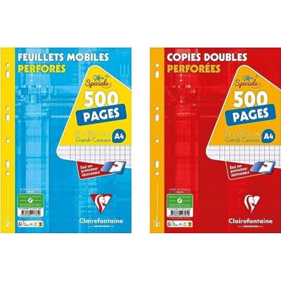 Clairefontaine 11791AMZC Set med 2 perforerade kopieringsfodral: 500 mobila sidor + 500 dubbla kopior sidor A4 21 x 29,7 cm stora rutor vitt papper 90 g Clairefontaine 11791AMZC Set med 2 perforerade kopieringsfodral: 500 mobila sidor + 500 dubbla kopior sidor A4 21 x 29,7 cm stora rutor vitt papper 90 g