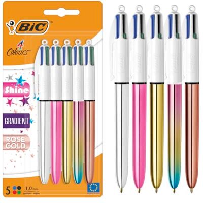 BIC Indragbara kulspetspennor med 4 ljusa färger och gradient mellanspets (1,00 mm) i metalliskt silver, guld, rosa, guld och gradient pastell, 5-pack BIC Indragbara kulspetspennor med 4 ljusa färger och gradient mellanspets (1,00 mm) i metalliskt silver, guld, rosa, guld och gradient pastell, 5-pack