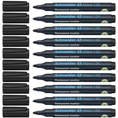 Schneider Maxx 130 permanent märkpenna med rund spets (linjetjocklek: 1–3 mm, påfyllningsbar) förpackning med 10 svart Rund spets, linjebredd 1–3 mm, snabbtorkande och vattentät, påfyllningsbar – för kartong, folie, glas, metall, trä, sten Schneider Maxx 130 permanent märkpenna med rund spets (linjetjocklek: 1–3 mm, påfyllningsbar) förpackning med 10 svart Rund spets, linjebredd 1–3 mm, snabbtorkande och vattentät, påfyllningsbar – för kartong, folie, glas, metall, trä, sten