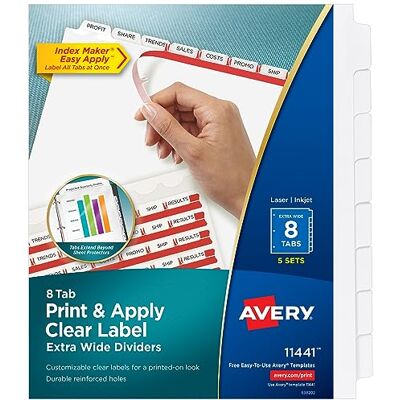 Avery Extra breda avdelare, Bläckstråleskrivare, Vit, 8-Tab, 23 x 28 cm, 5 uppsättningar (11441) Avery Extra breda avdelare, Bläckstråleskrivare, Vit, 8-Tab, 23 x 28 cm, 5 uppsättningar (11441)