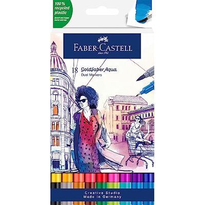 Faber-Castell Creative Studio Goldfaber Aqua Dual Marker, Flerfärgad, Markeringsplånbok med 18, för konst, hantverk, ritning, skissning, hem, skola, universitet, färgning Faber-Castell Creative Studio Goldfaber Aqua Dual Marker, Flerfärgad, Markeringsplånbok med 18, för konst, hantverk, ritning, skissning, hem, skola, universitet, färgning