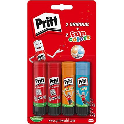 Pritt limstift, säkert och barnvänligt lim för konst och hantverk, starkt lim för skola och kontorsmaterial, 2 x 22 g original och 2 x 20 g färgglada pennor (blå, orange), 9H PTFCS Pritt limstift, säkert och barnvänligt lim för konst och hantverk, starkt lim för skola och kontorsmaterial, 2 x 22 g original och 2 x 20 g färgglada pennor (blå, orange), 9H PTFCS