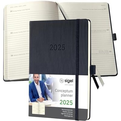 Sigel C2512 Mötesplanerare Veckokalender 2025, Ca A5, Svart, Inbunden, 192 Sidor, Resårband, Pennögla, Arkivväska, Tillverkad av Hållbart Papper, Conceptum. Sigel C2512 Mötesplanerare Veckokalender 2025, Ca A5, Svart, Inbunden, 192 Sidor, Resårband, Pennögla, Arkivväska, Tillverkad av Hållbart Papper, Conceptum.