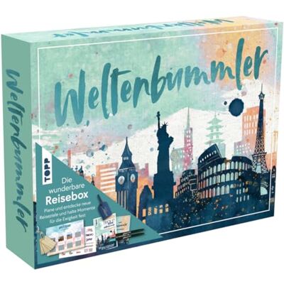 TOPP Wunderbare Reisebox Weltenbummler: Buch mit Reisetipps (DIN A5, 32 Seite), Reise Journal (DIN A5, 128 Seiten), 2 Brush Pens, 12 Reisekarten, 12 Holz-Anhänger, 2 Transfersticker-Bogen, Kofferanhänger TOPP Wunderbare Reisebox Weltenbummler: Buch mit Reisetipps (DIN A5, 32 Seite), Reise Journal (DIN A5, 128 Seiten), 2 Brush Pens, 12 Reisekarten, 12 Holz-Anhänger, 2 Transfersticker-Bogen, Kofferanhänger