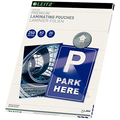 Leitz 74910000 lamineringspåsar gjorda av 250 mikron tjockt material (transparent, glansig, A3 och UDT) 25-pack Leitz 74910000 lamineringspåsar gjorda av 250 mikron tjockt material (transparent, glansig, A3 och UDT) 25-pack