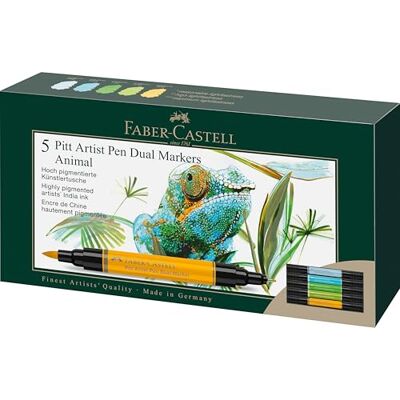 Faber-Castell 162008 Tuschpennor Pitt Artist Pen Dual, 5 markeringspennor med två spetsar – penselspets och fiberspets – filtspennset Animals Faber-Castell 162008 Tuschpennor Pitt Artist Pen Dual, 5 markeringspennor med två spetsar – penselspets och fiberspets – filtspennset Animals