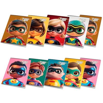 Pigna , Förpackning med 10 Maxi-anteckningsböcker Power Kids, format A4 21x29,7 cm, 80 sidor + omslag, papper 80 g/m², inlaga 0B, linjer för tredje klass, blandade omslag, 10 stycken Pigna , Förpackning med 10 Maxi-anteckningsböcker Power Kids, format A4 21x29,7 cm, 80 sidor + omslag, papper 80 g/m², inlaga 0B, linjer för tredje klass, blandade omslag, 10 stycken