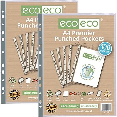eco-eco A4 100% återvunnen premier flera stansade fickor glasklart, transparent poly plånboksarkskydd, 90 mikron (2 paket med 100), eco057 x 2 eco-eco A4 100% återvunnen premier flera stansade fickor glasklart, transparent poly plånboksarkskydd, 90 mikron (2 paket med 100), eco057 x 2