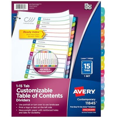 Avery 15-flikars avdelare för 3 ringpärmar, anpassningsbar innehållsförteckning, flerfärgade flikar, 1 set (11845) Avery 15-flikars avdelare för 3 ringpärmar, anpassningsbar innehållsförteckning, flerfärgade flikar, 1 set (11845)