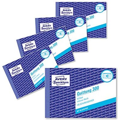 Avery 300–5 kvittoblock (A6 tvärgående, 50 ark, 1 ark blåpapper, förfalskningssäkert dokumenttryck, för belopp under 250 € inkl. Moms, för DE/AT) 5-pack, vit Avery 300–5 kvittoblock (A6 tvärgående, 50 ark, 1 ark blåpapper, förfalskningssäkert dokumenttryck, för belopp under 250 € inkl. Moms, för DE/AT) 5-pack, vit