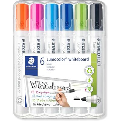 STAEDTLER whiteboard Marker Lumocolor, Linienbreite 2,00 mm, schnelltrocknend, geruchsarm, lange Lebensdauer, blockierte Spitze, 6 whiteboard Marker in aufstellbarer box, 351 WP6-1 STAEDTLER whiteboard Marker Lumocolor, Linienbreite 2,00 mm, schnelltrocknend, geruchsarm, lange Lebensdauer, blockierte Spitze, 6 whiteboard Marker in aufstellbarer box, 351 WP6-1