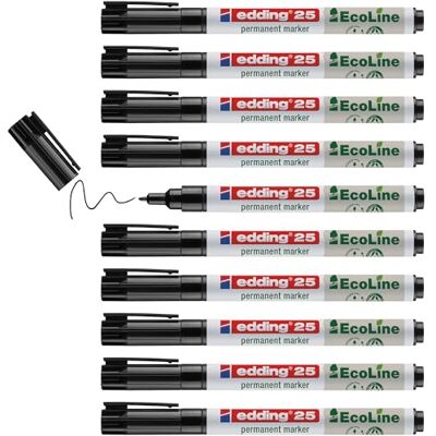 edding 25 Ecoline permanent marker – svart – låda med 10 – rund spets 1 mm – vattenfast, snabbtorkande, fläckfria pennor – för kartong, plast, glas, trä, metall och tyg – går att fylla på edding 25 Ecoline permanent marker – svart – låda med 10 – rund spets 1 mm – vattenfast, snabbtorkande, fläckfria pennor – för kartong, plast, glas, trä, metall och tyg – går att fylla på