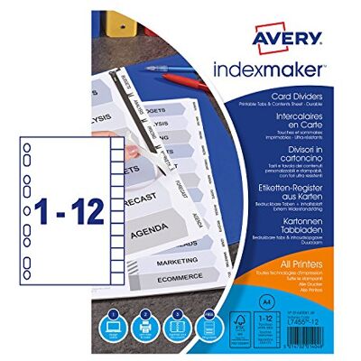 Avery 01640061 A4 IndexMaker stansade kortdelare med utskrivbara genomskinliga flikar, 12-delare vit Avery 01640061 A4 IndexMaker stansade kortdelare med utskrivbara genomskinliga flikar, 12-delare vit