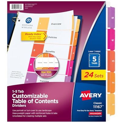 Avery 5 Tab Dividers for 3 Ring Binders, Customizable Table of Contents, Multicolor Tabs, 24 Sets (11167) Avery 5 Tab Dividers for 3 Ring Binders, Customizable Table of Contents, Multicolor Tabs, 24 Sets (11167)