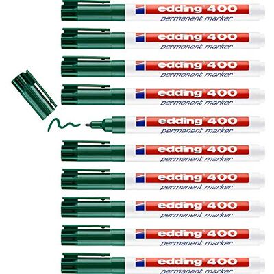 edding 400 permanent markör – grön – 10 pennor – fin rund spets 1 mm – vattentät, snabbtorkande, smutssäkra pennor – för kartong, plast, trä, metall, glas och tyg edding 400 permanent markör – grön – 10 pennor – fin rund spets 1 mm – vattentät, snabbtorkande, smutssäkra pennor – för kartong, plast, trä, metall, glas och tyg