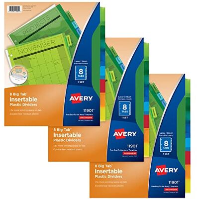 Avery avdelare för 3 ringpärmar, 8-flikars plastpärmdelare, införbara stora flikar, flerfärgad (3 uppsättningar av 11901) Avery avdelare för 3 ringpärmar, 8-flikars plastpärmdelare, införbara stora flikar, flerfärgad (3 uppsättningar av 11901)