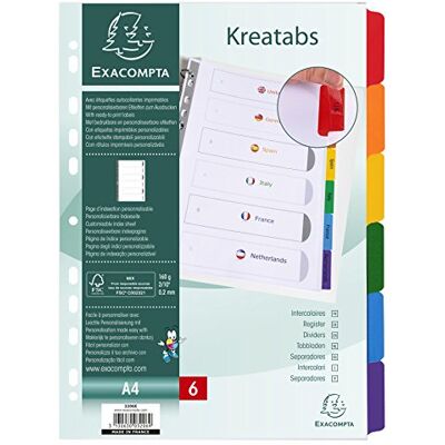 Exacompta Ref 3206E Vit korthållare 160g/m2 FSC Kreatabs med 6 anpassningsbara flikar färgade flikar ark med utskrivbara självhäftande etiketter A4-format Exacompta Ref 3206E Vit korthållare 160g/m2 FSC Kreatabs med 6 anpassningsbara flikar färgade flikar ark med utskrivbara självhäftande etiketter A4-format