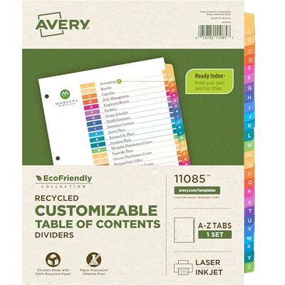 Avery EcoFriendly Recycled Dividers for 3 Ring Binders, A-Z Multicolor, 26 Tabs, Ready Index Customizable Table of Contents, 1 Set (11085) Avery EcoFriendly Recycled Dividers for 3 Ring Binders, A-Z Multicolor, 26 Tabs, Ready Index Customizable Table of Contents, 1 Set (11085)