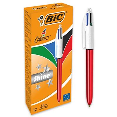 BIC 4 färger glans kulspetspennor medium punkt (1,0 mm) – metalliskt rött fat, låda med 12 BIC 4 färger glans kulspetspennor medium punkt (1,0 mm) – metalliskt rött fat, låda med 12