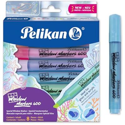Pelikan Fönstermarkör 600, raderbar kriteffektmarkör för glas och icke-porösa ytor, mejselspets 2–5 mm, giftfritt vattenbaserat bläck, paket med 8 blandade färger Pelikan Fönstermarkör 600, raderbar kriteffektmarkör för glas och icke-porösa ytor, mejselspets 2–5 mm, giftfritt vattenbaserat bläck, paket med 8 blandade färger