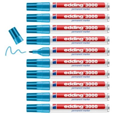 edding 3000 permanent markör – ljusblå – 10 pennor – rund spets 1,5 – 3 mm – snabbtorkande permanent markör – vattentät, fläckbeständig – för kartong, plast, trä, metall – universalmarkörer edding 3000 permanent markör – ljusblå – 10 pennor – rund spets 1,5 – 3 mm – snabbtorkande permanent markör – vattentät, fläckbeständig – för kartong, plast, trä, metall – universalmarkörer