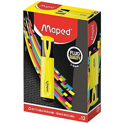 Maped Låda med 12 Fluo'Peps Classic Highlighters, gul färg bländande färger för att markera dina skrifter avfasad spets för att göra linjer från 1 till 5 mm Maped Låda med 12 Fluo'Peps Classic Highlighters, gul färg bländande färger för att markera dina skrifter avfasad spets för att göra linjer från 1 till 5 mm