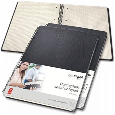 Sigel CO840/3 Premium spiralblock A4, rutig, svart, 80 ark, förpackning med 3, mycket stabilt inbundet omslag, med flyttbart register, insticksfack, tillverkat av hållbart papper, konceptum Sigel CO840/3 Premium spiralblock A4, rutig, svart, 80 ark, förpackning med 3, mycket stabilt inbundet omslag, med flyttbart register, insticksfack, tillverkat av hållbart papper, konceptum