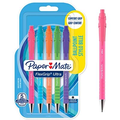 Paper Mate Flexgrip Ultra retro Kulspetspennor Mediumspets (1.0mm) Svart bläck Pennkropp i retrofärger 5 stycken Paper Mate Flexgrip Ultra retro Kulspetspennor Mediumspets (1.0mm) Svart bläck Pennkropp i retrofärger 5 stycken