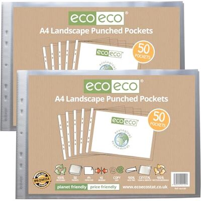eco-eco A4 100% återvunnet landskap flera stansade fickor glasklart, transparent poly plånboksskydd, 45 mikron (2 paket med 50), eco145 x 2 eco-eco A4 100% återvunnet landskap flera stansade fickor glasklart, transparent poly plånboksskydd, 45 mikron (2 paket med 50), eco145 x 2