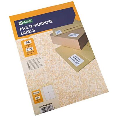 D.RECT självhäftande etiketter universaletiketter (105 x 148 mm på DIN A4) självhäftande 100 ark/förpackning 4 etiketter/blad 400 stycken vita D.RECT självhäftande etiketter universaletiketter (105 x 148 mm på DIN A4) självhäftande 100 ark/förpackning 4 etiketter/blad 400 stycken vita