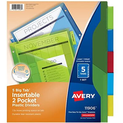 Avery Big Tab införbara plastavdelare med två fickor, 5 flerfärgade flikar, förpackning med 24 set (11906) Avery Big Tab införbara plastavdelare med två fickor, 5 flerfärgade flikar, förpackning med 24 set (11906)