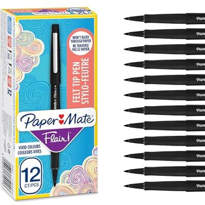 Paper Mate Tuschpenna med Medelspets, 1 mm, Svart, Paket med 12 Paper Mate Tuschpenna med Medelspets, 1 mm, Svart, Paket med 12