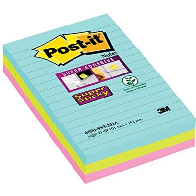 Post-it Superklibbiga stora anteckningar, dubbel fästkraften, fodrad, 3 dynor, 270 ark, 101 mm x 152 mm, blå, grön, rosa färger – självhäftande anteckningar för väggar, bildskärmar och kylskåp Post-it Superklibbiga stora anteckningar, dubbel fästkraften, fodrad, 3 dynor, 270 ark, 101 mm x 152 mm, blå, grön, rosa färger – självhäftande anteckningar för väggar, bildskärmar och kylskåp