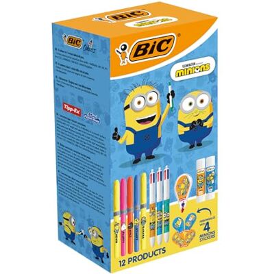 BIC Minions brevpapper kit i begränsad upplaga 4 färger kulspetspennor medium spets (1,0 mm)/Avfasad spetspenna/korrigerande mus 6 m/limstift/klistermärken låda med 12 st BIC Minions brevpapper kit i begränsad upplaga 4 färger kulspetspennor medium spets (1,0 mm)/Avfasad spetspenna/korrigerande mus 6 m/limstift/klistermärken låda med 12 st