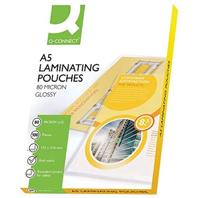 Q-Connect A5 80 mikron lamineringspåse (paket med 100), 153 x 216 mm Q-Connect A5 80 mikron lamineringspåse (paket med 100), 153 x 216 mm
