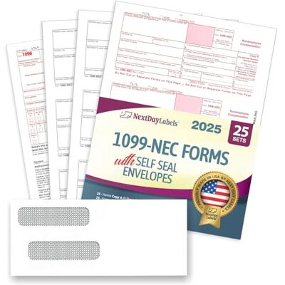 Next Day Labels Nya" 1099-NEC-formulär för 2020, 4-delar skatteblanketter, säljarsats med 25 laserformer och 25 självförseglande kuvert, formulär utformade för QuickBooks och annan redovisningsprogramvara Next Day Labels Nya" 1099-NEC-formulär för 2020, 4-delar skatteblanketter, säljarsats med 25 laserformer och 25 självförseglande kuvert, formulär utformade för QuickBooks och annan redovisningsprogramvara