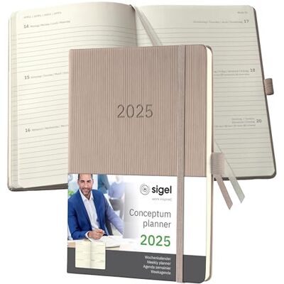 Sigel C2560 Mötesplanerare Veckokalender 2025, Ca A5, Taupe, Inbunden, 192 Sidor, Resårband, Pennögla, Arkivväska, Tillverkad av Hållbart Papper, Conceptum. Sigel C2560 Mötesplanerare Veckokalender 2025, Ca A5, Taupe, Inbunden, 192 Sidor, Resårband, Pennögla, Arkivväska, Tillverkad av Hållbart Papper, Conceptum.