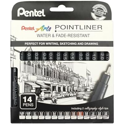 Pentel Pointliner Pigment Liner teknisk ritning finelinerpenna S20P – 0,03 mm till 3,0 mm – svart, sepia, sanguine & grått bläck – paket med 14 Pentel Pointliner Pigment Liner teknisk ritning finelinerpenna S20P – 0,03 mm till 3,0 mm – svart, sepia, sanguine & grått bläck – paket med 14