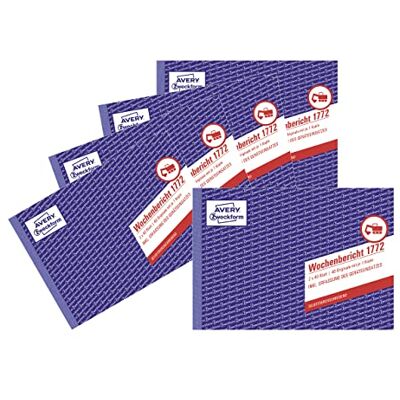 Avery 1772-5 veckorapport (A5 tvärgående, självkopierande, testad av juridiska experter, för DE/AT för veckovis dokumentation av arbetsprestanda, 2 x 40 ark) 5-pack, vit/gul Avery 1772-5 veckorapport (A5 tvärgående, självkopierande, testad av juridiska experter, för DE/AT för veckovis dokumentation av arbetsprestanda, 2 x 40 ark) 5-pack, vit/gul