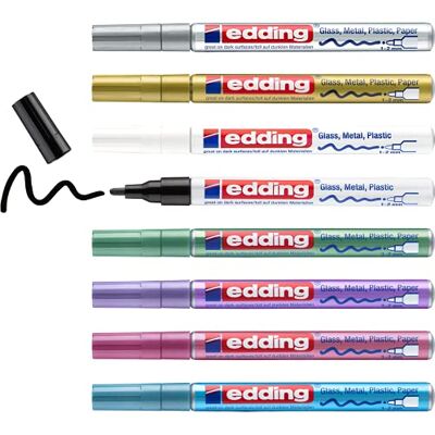 edding 751 Set med glanslackmärkpennor – svart vitt guld silver blå grön lila rosa (metallic) – 8 pennor – rund spets 1–2 mm – lackpenna för glas, sten, trä, plast, papper – vattentät, starkt täckande edding 751 Set med glanslackmärkpennor – svart vitt guld silver blå grön lila rosa (metallic) – 8 pennor – rund spets 1–2 mm – lackpenna för glas, sten, trä, plast, papper – vattentät, starkt täckande