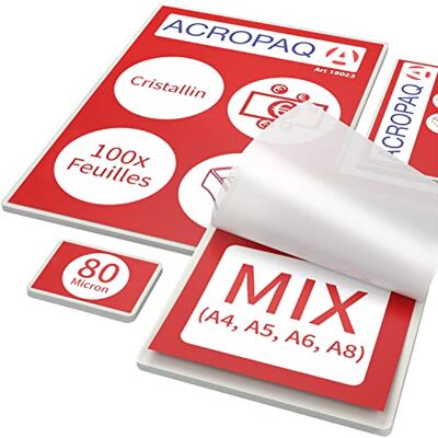 Acropaq Lamineringsfolier MIX – olika storlekar, 80 mikron, 100 fodral (20 x A4, A5, A6), (40 x A8), glänsande yta, försydda runda hörn – foliefolier, lamineringsfickor Acropaq Lamineringsfolier MIX – olika storlekar, 80 mikron, 100 fodral (20 x A4, A5, A6), (40 x A8), glänsande yta, försydda runda hörn – foliefolier, lamineringsfickor