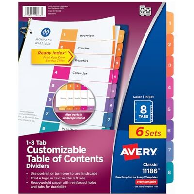 Avery 8 Tab Dividers for 3 Ring Binders, Customizable Table of Contents, Multicolor Tabs, 6 Sets (11186) Avery 8 Tab Dividers for 3 Ring Binders, Customizable Table of Contents, Multicolor Tabs, 6 Sets (11186)