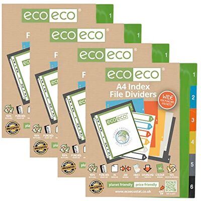 eco-eco A4 50% återvunnen multistansad förstärkt färg återvunnen set 6 index breda fildelare 200 mic (förpackning med 4), eco027x4 eco-eco A4 50% återvunnen multistansad förstärkt färg återvunnen set 6 index breda fildelare 200 mic (förpackning med 4), eco027x4