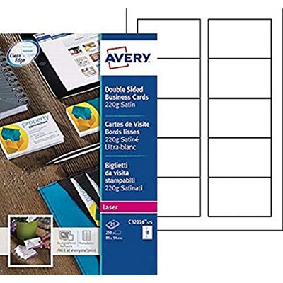 Avery C32016-25 Utskrivbara dubbelsidiga satinfinish visitkort för laserskrivare, 10 kort per A4-ark, vit Avery C32016-25 Utskrivbara dubbelsidiga satinfinish visitkort för laserskrivare, 10 kort per A4-ark, vit