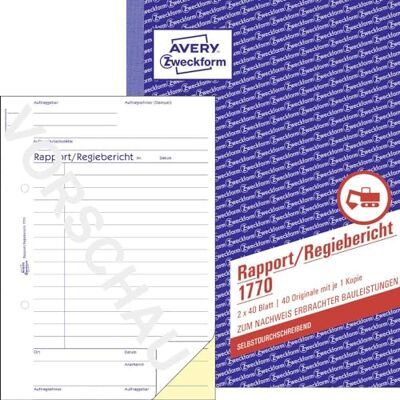 Avery Syftesform 1770 Rapport/Regelbunden (A5, självskrivande, av högersexperter, kontrollerad, för Tyskland och Österrike för dokumentation av arbetsuppgifter, 2 x 40 ark) vit/gul Avery Syftesform 1770 Rapport/Regelbunden (A5, självskrivande, av högersexperter, kontrollerad, för Tyskland och Österrike för dokumentation av arbetsuppgifter, 2 x 40 ark) vit/gul