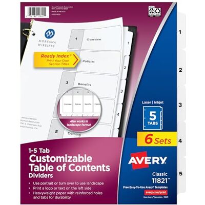 Avery 5-flikars avdelare för 3-ringpärmar, anpassningsbar innehållsförteckning, klassiska vita flikar, 6 uppsättningar (11821) Avery 5-flikars avdelare för 3-ringpärmar, anpassningsbar innehållsförteckning, klassiska vita flikar, 6 uppsättningar (11821)